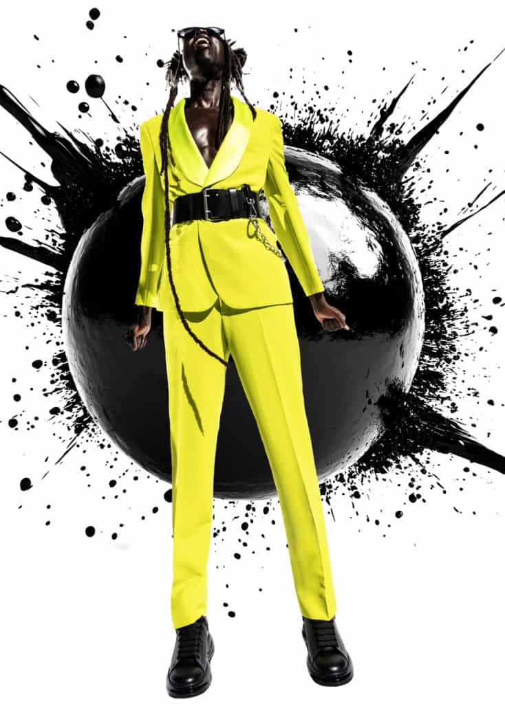 Miranda Penn Turin: Chartreuse suit Sheri Henry, black leather belt with chain 0770, sunglasses AY Studios,black leather platform sneakers Alexander McQueen.