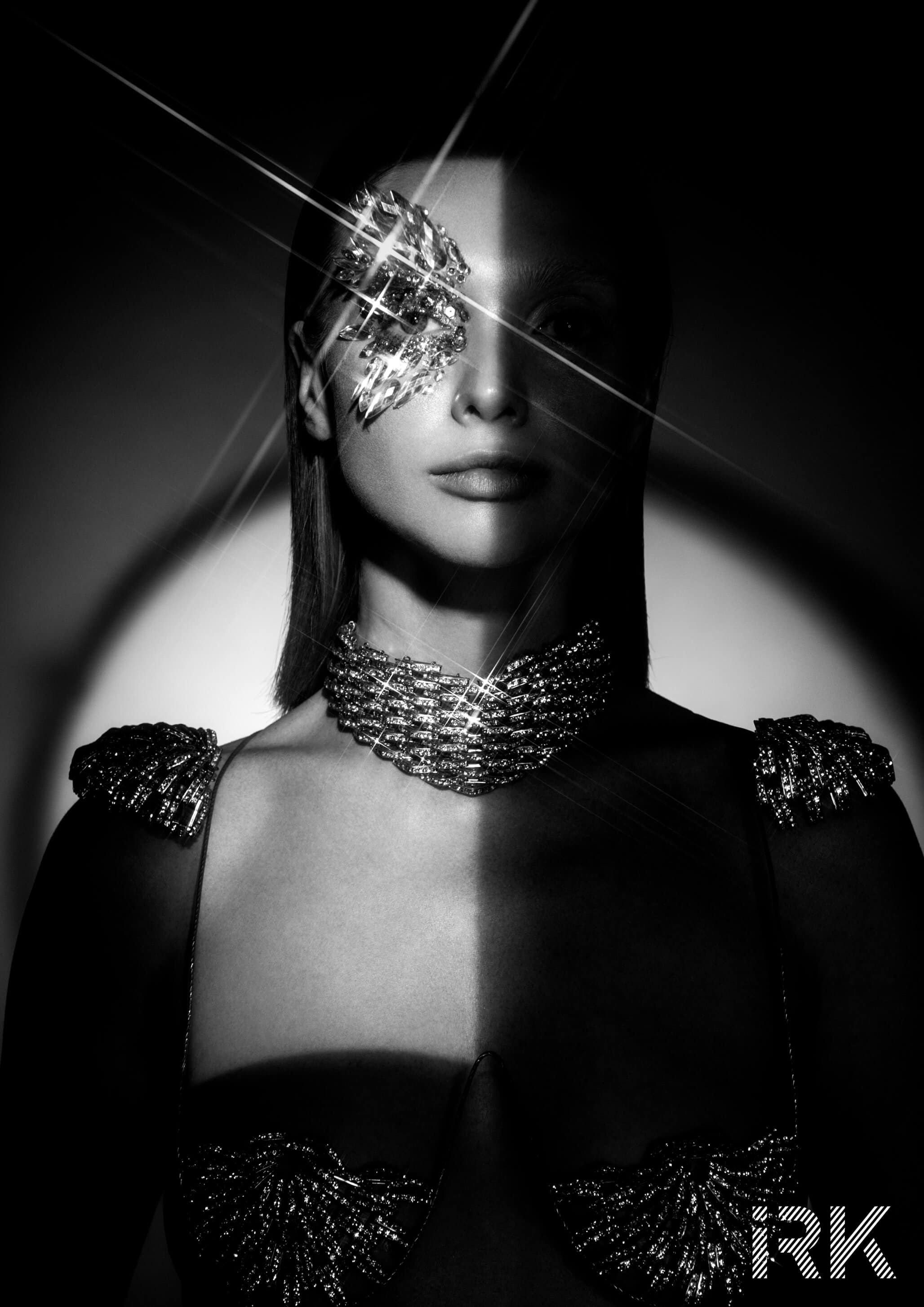 Keren Wolf bra and shoulder armor & choker, Swarovski encrusted eye art