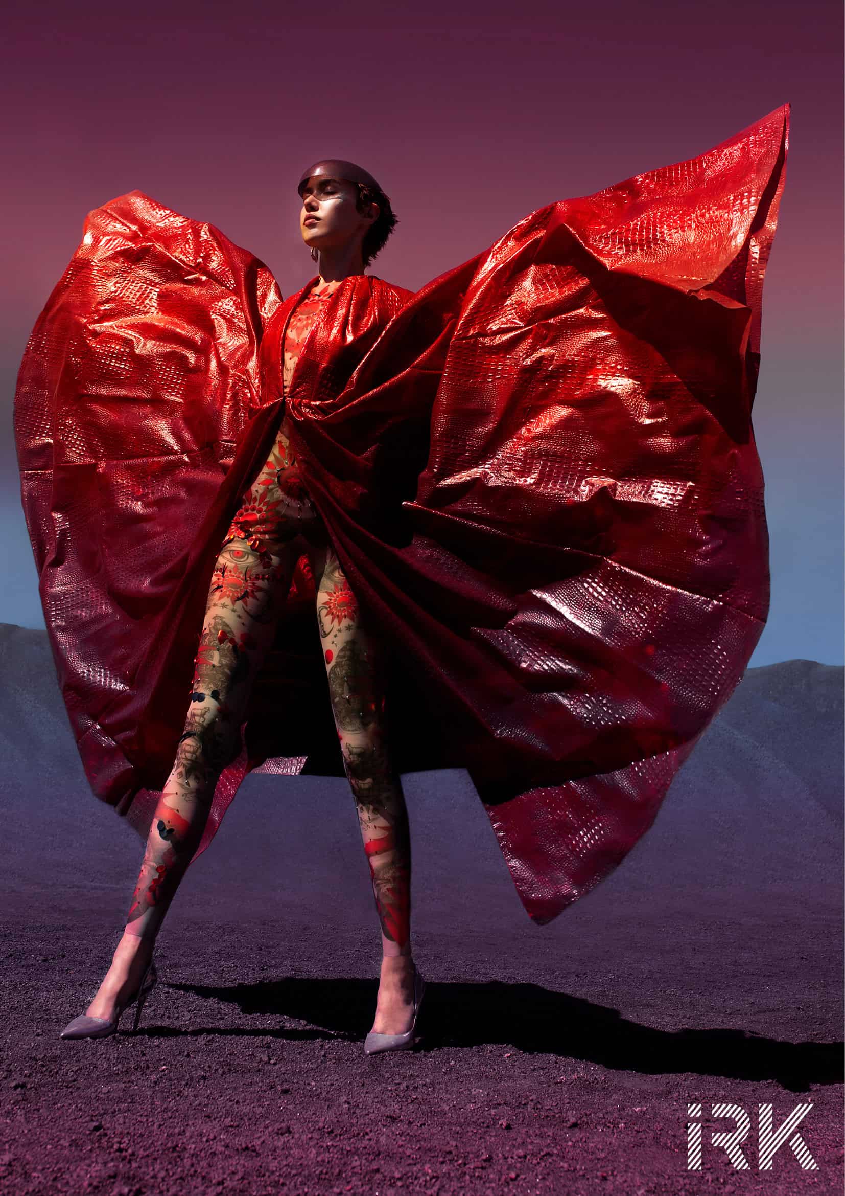 Space age futuristic fashion. red Dress & body jumpsuit On Aura Tout Vu, earring Delphine Charlotte Parmentier.