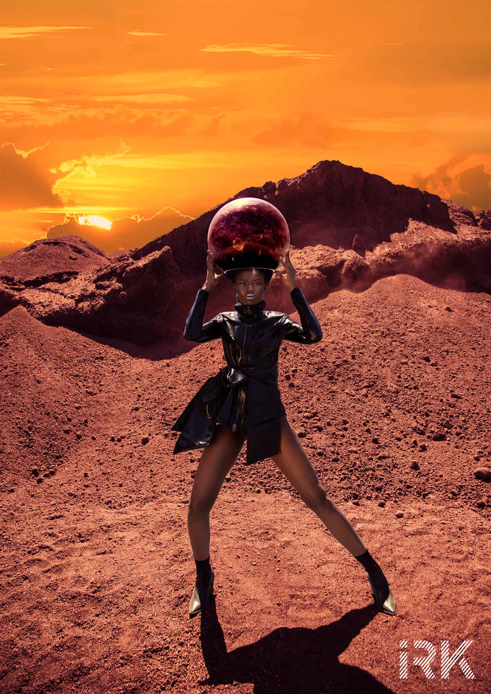 Space age fashion editorial on red planet. Patent leather jacket suit Zaady, Earrings Sandra Mansour, Shoes Mango.