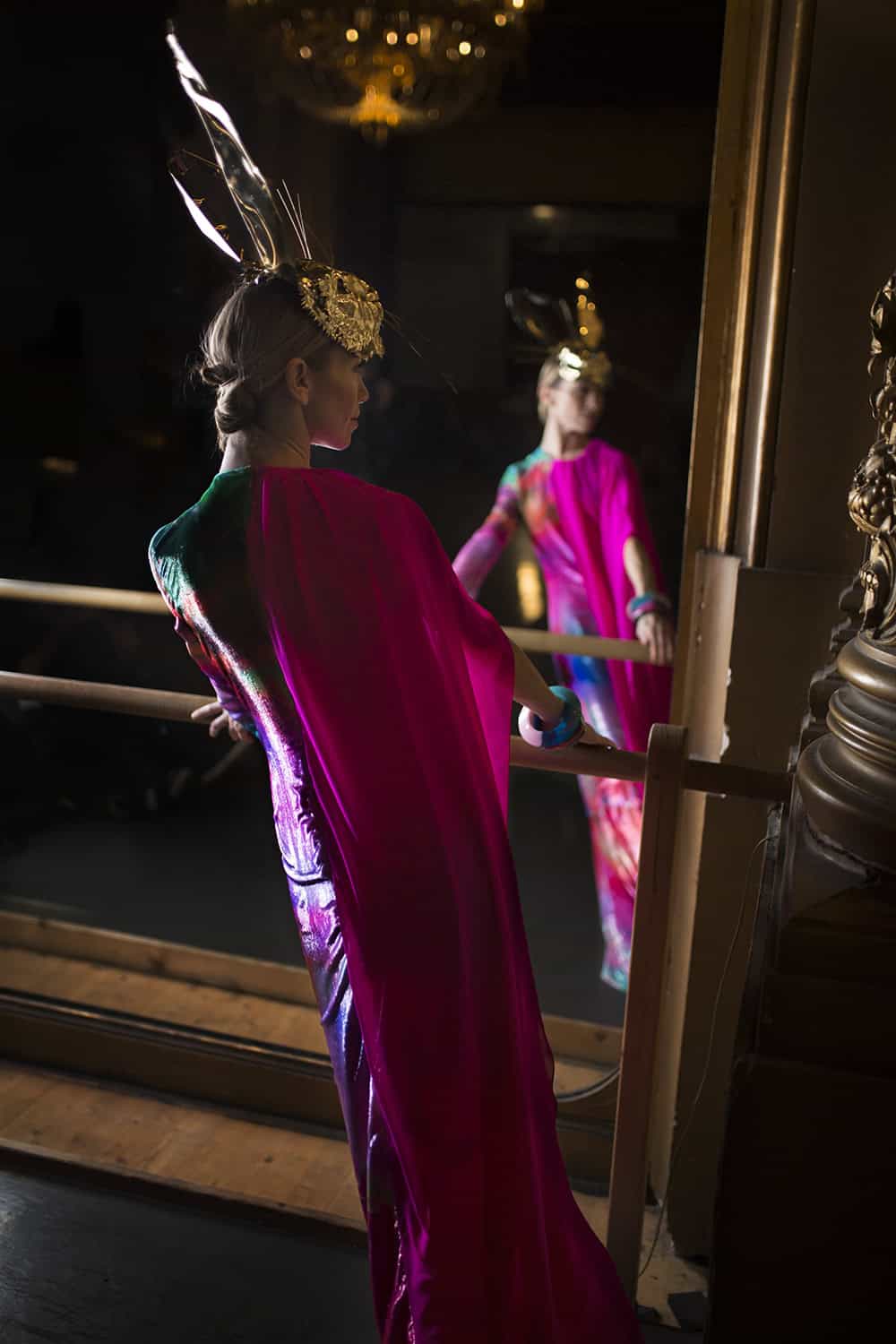 Eleonora Abbagnato in Story #2 ”Pink Victory” Long dress in velvet printed with a psychedelic dégradé and shocking pink georgette. Schiaparelli new Ready to Wear collection. Photographed at the Opera de Paris by French Cowboy.