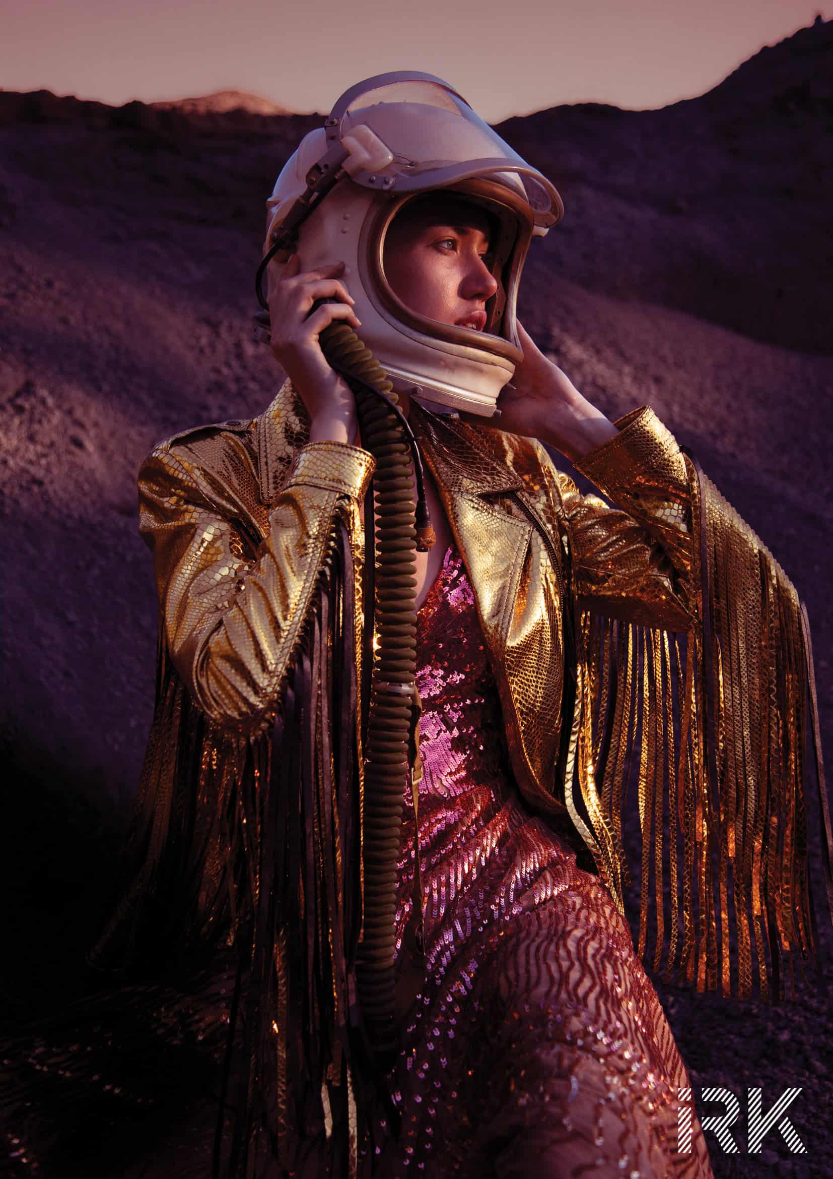 Space age fashion editorial with astronaut helmet. Gold jacket Collini Milano 1937, Dress Gemy Maalouf.