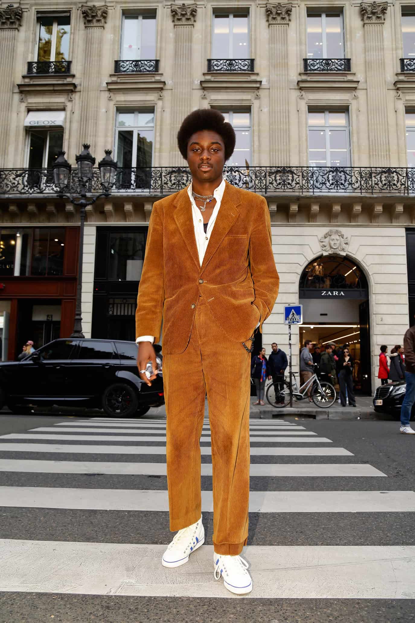 Marc-Henri Ngandu wearing a Versace vintage velvet suit & adidas shoes  Balmain ss/18, Opéra Garnier, Paris