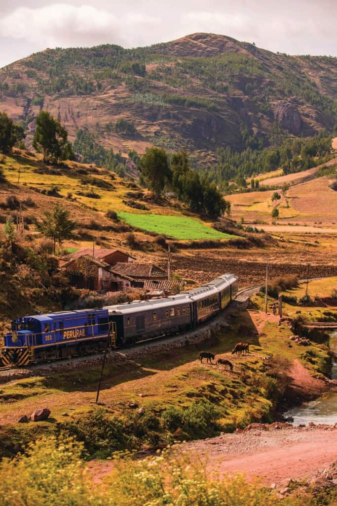 PeruRail train traveling through a picturesque rural landscape with rolling hills, green pastures, and grazing horses, set against the Andes mountains.