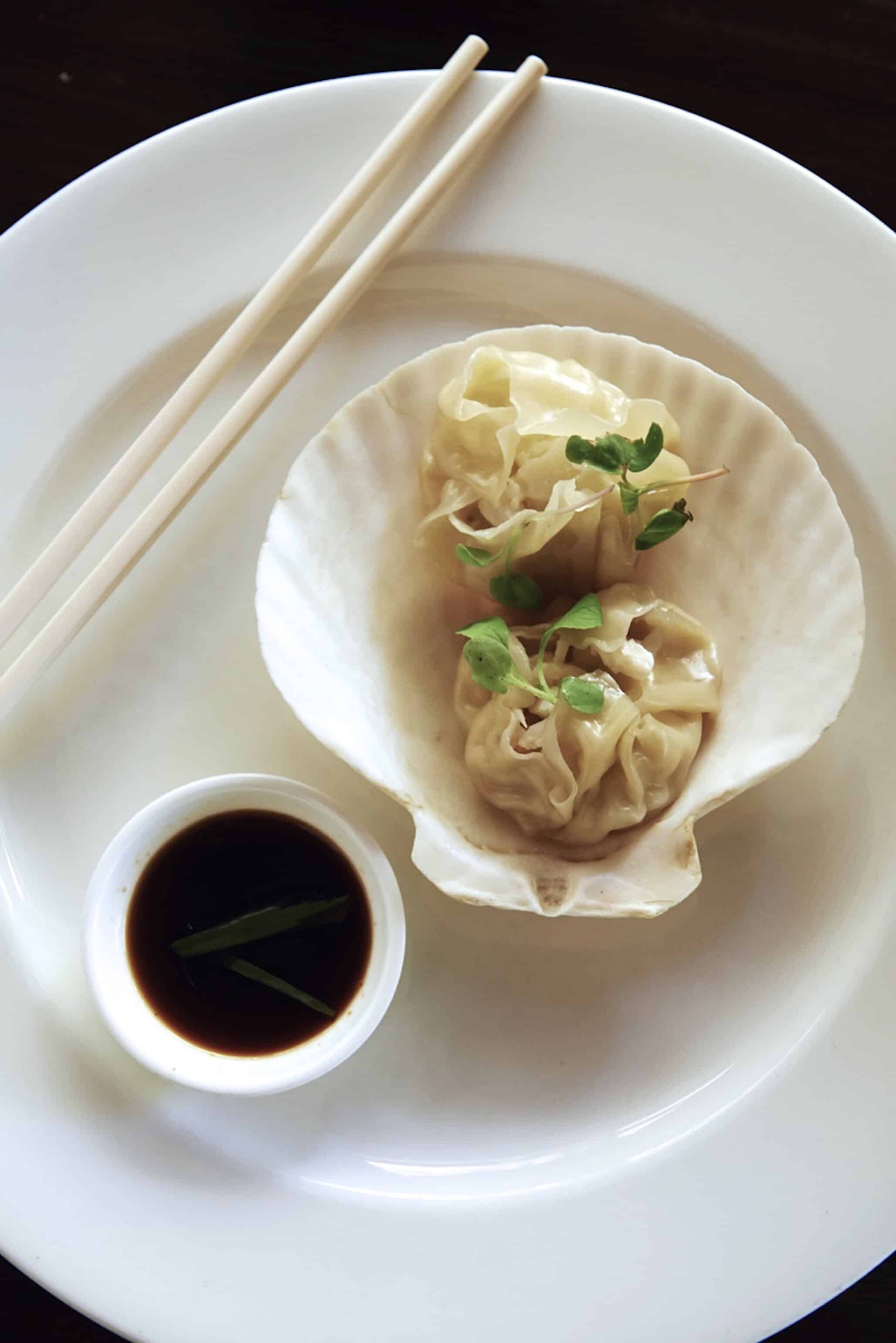 color photograph of dumplings and sauce on dish