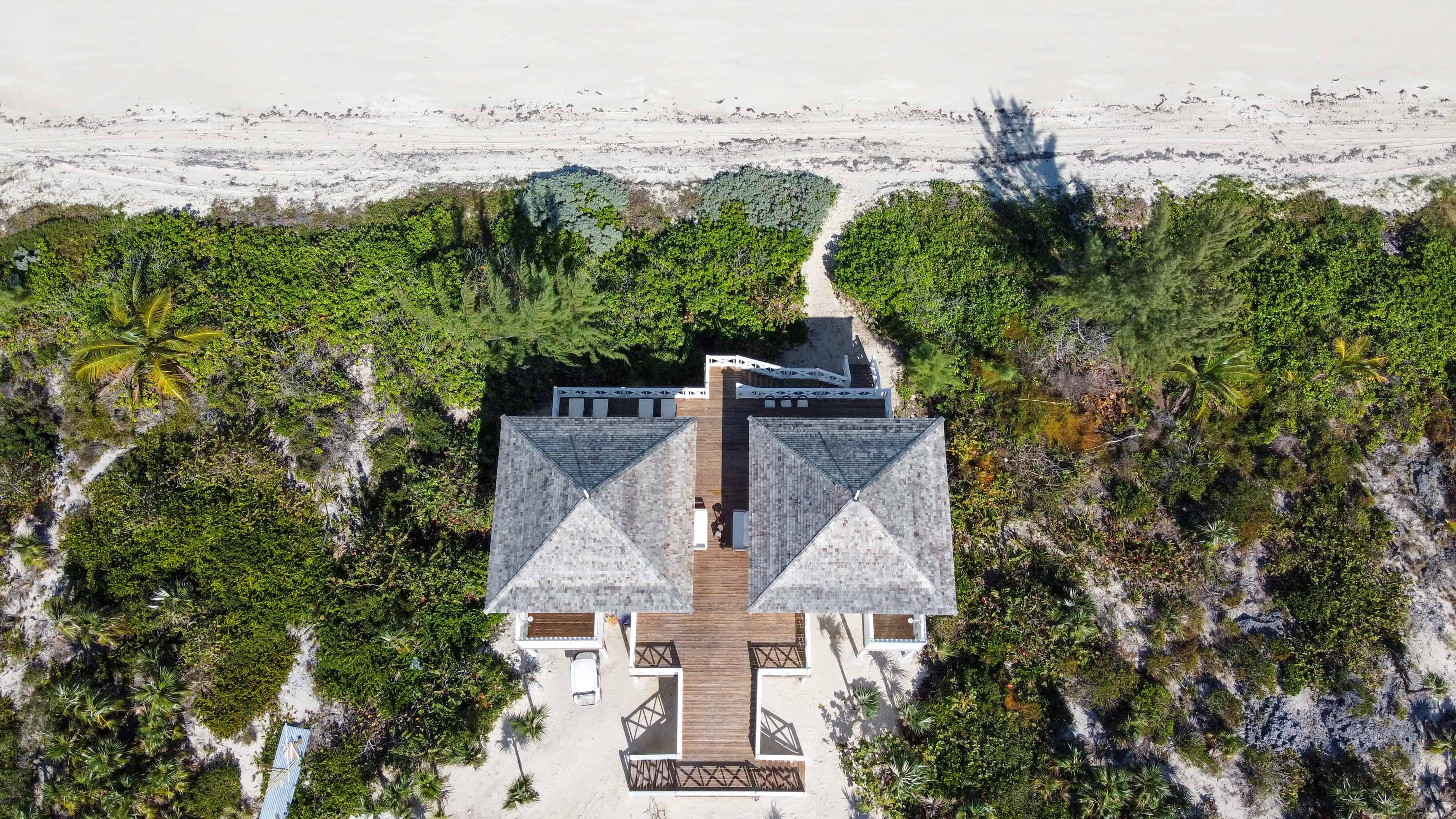 overhead landscape photograph of cottages in Caribbean in color