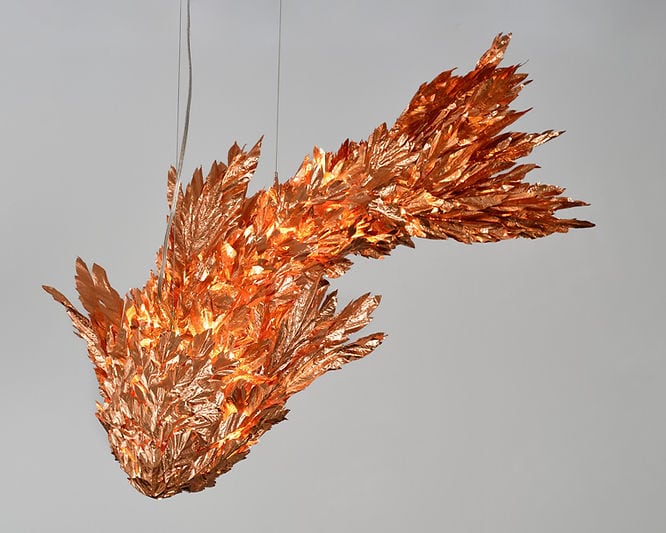 Frank Gehry Fish on Fire (New York), 2023 Copper and steel wire 15 1/2 x 43 x 19 1/2 inches (39.4 x 109.2 x 49.5 cm) © Frank O. Gehry Photo: Maris Hutchinson Courtesy Gagosian